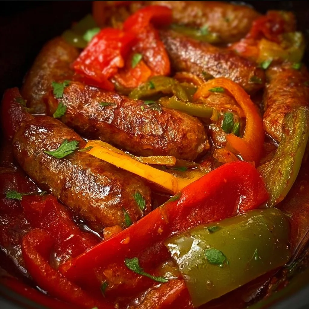 Delicious Slow Cooker Sausage and Peppers served on a plate