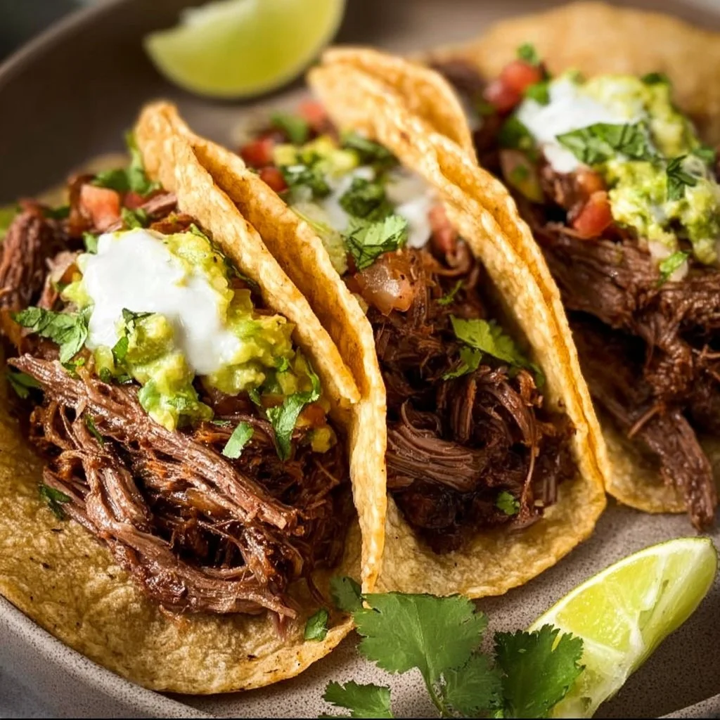 Delicious slow cooker shredded beef tacos topped with fresh ingredients