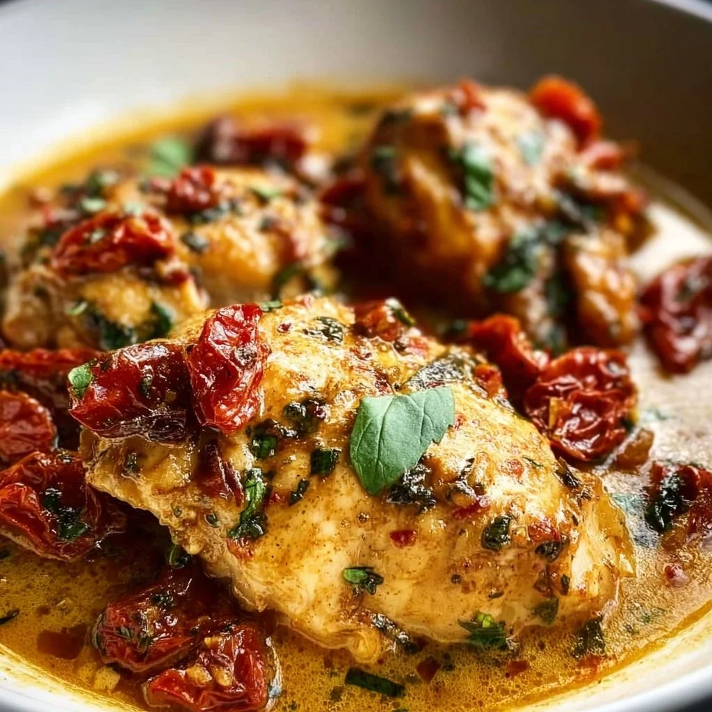 Delicious Slow Cooker Tuscan Chicken with herbs and sun-dried tomatoes