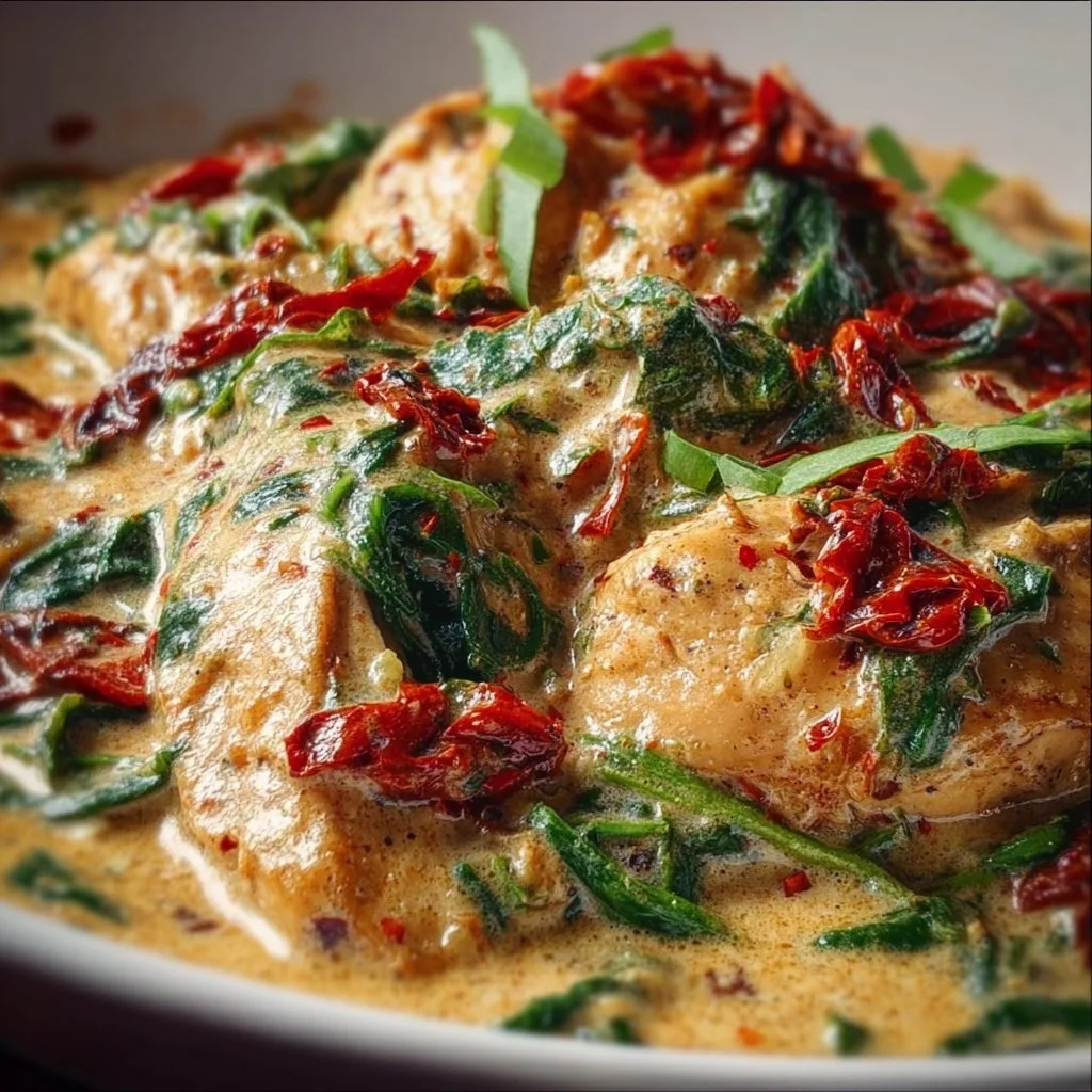 Slow Cooker Tuscan Chicken with sun-dried tomatoes and spinach cream sauce
