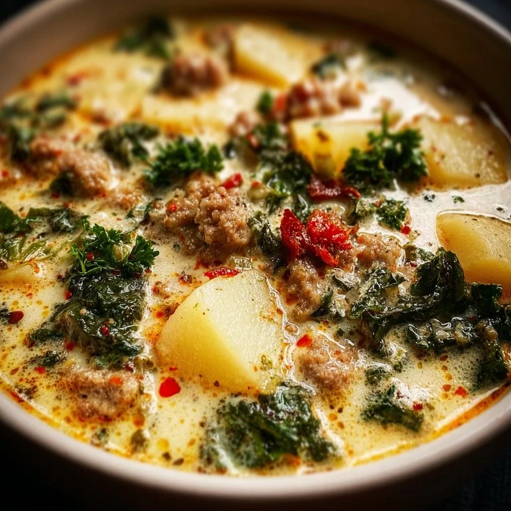 A hearty bowl of Slow Cooker Tuscan Soup with fresh ingredients and herbs.