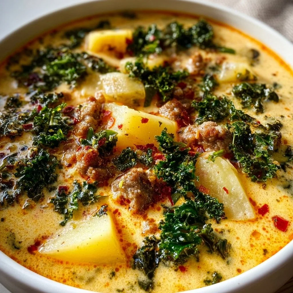 Bowl of slow cooker Tuscan soup with fresh herbs and vegetables