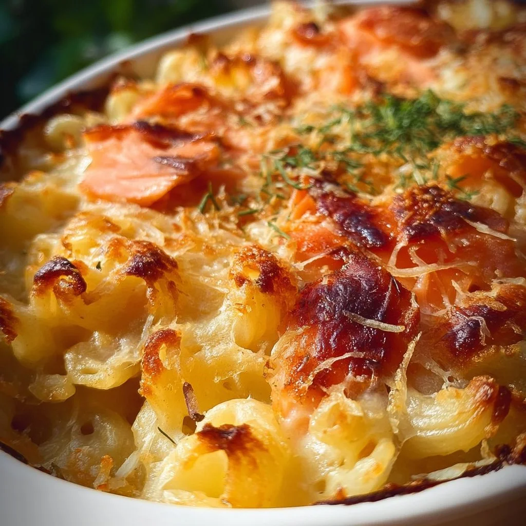 Creamy smoked salmon mac and cheese served in a bowl, topped with herbs.