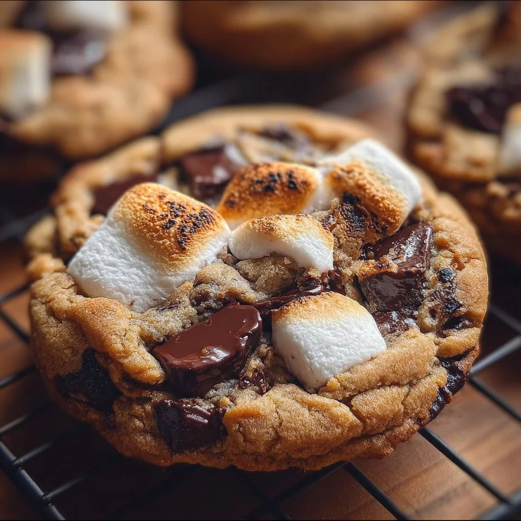 Delicious S'mores Cookies with chocolate chunks and marshmallows on a plate