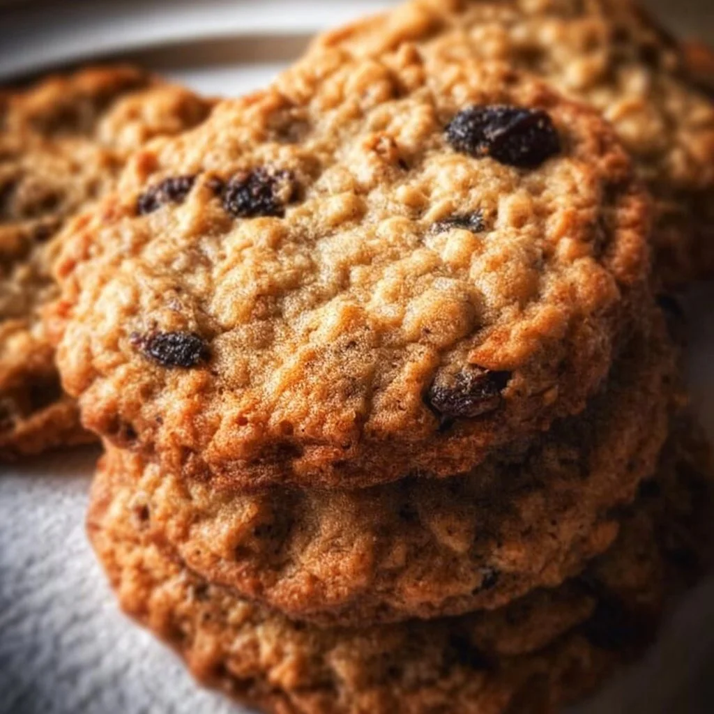 Delicious soft and chewy oatmeal raisin cookies on a plate.