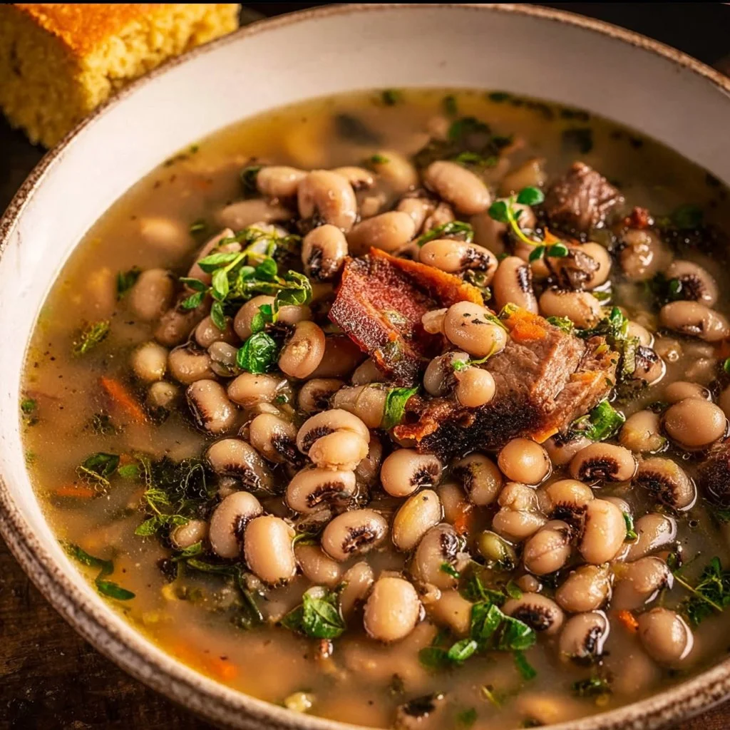 A bowl of Southern Black Eyed Peas garnished with herbs and spices.