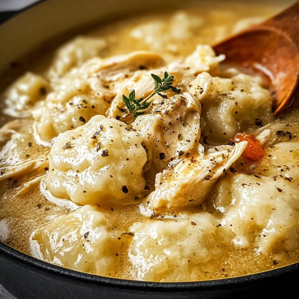 Bowl of Southern Style Chicken and Dumplings with parsley garnish