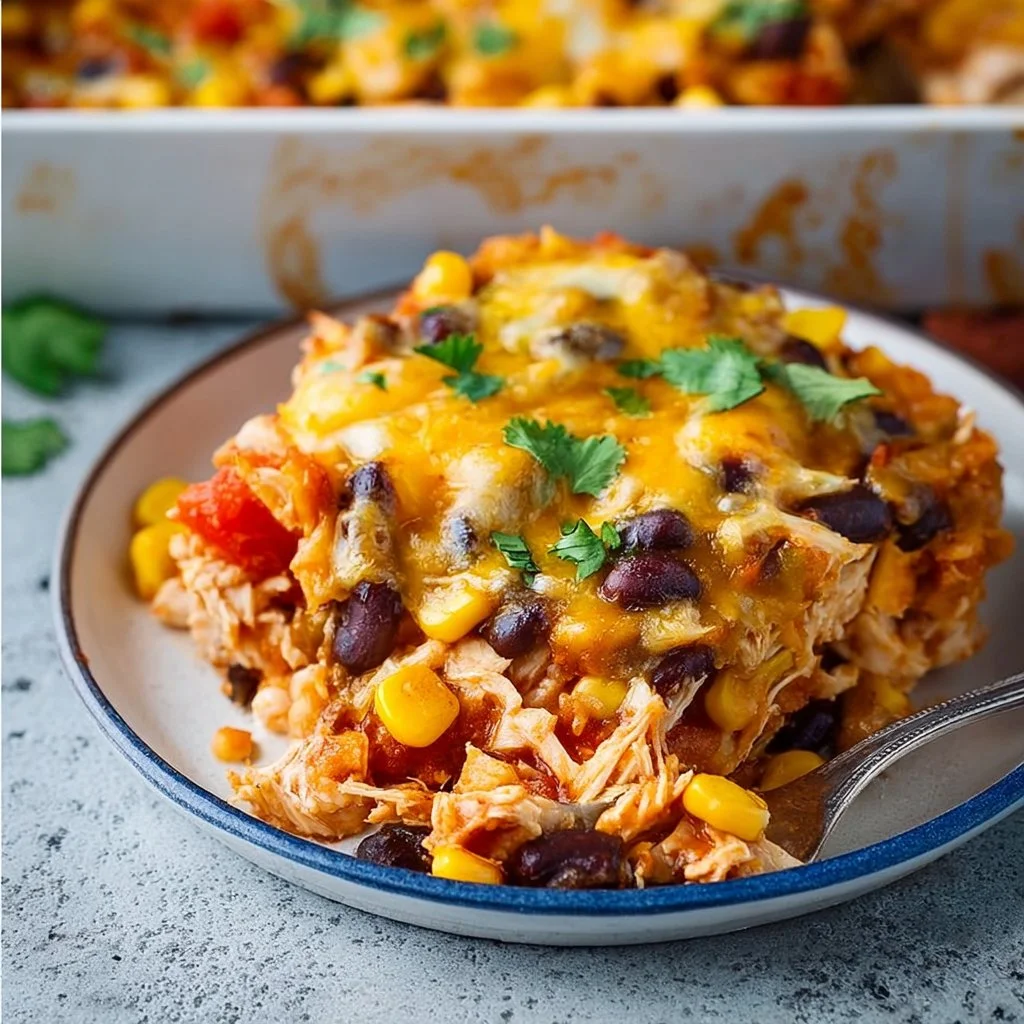 Delicious Southwest Chicken Casserole baked to perfection with chicken and spices.