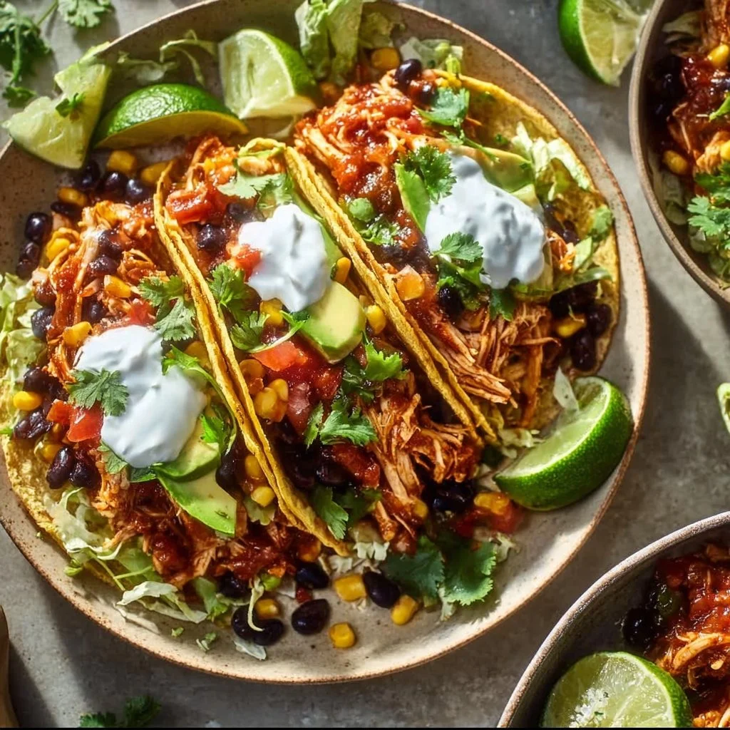Delicious Southwestern Crockpot Chicken Tacos served with fresh toppings