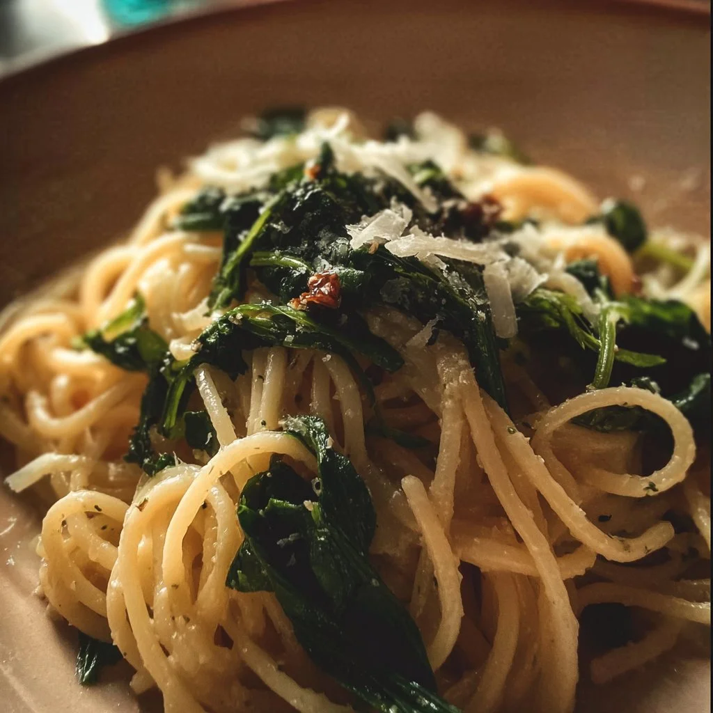 Plate of Spaghetti with Ramps garnished with fresh herbs