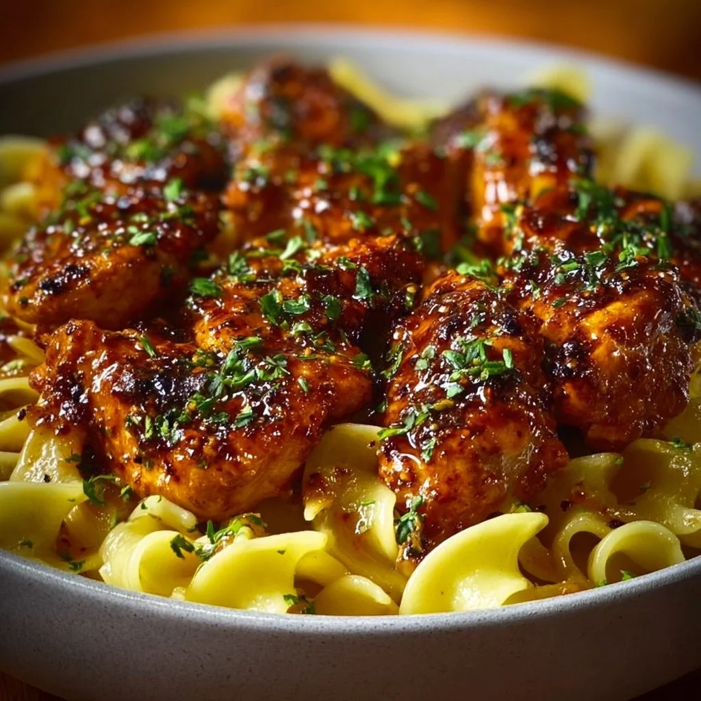 Plate of spicy Cajun honey butter chicken and pasta garnished with herbs