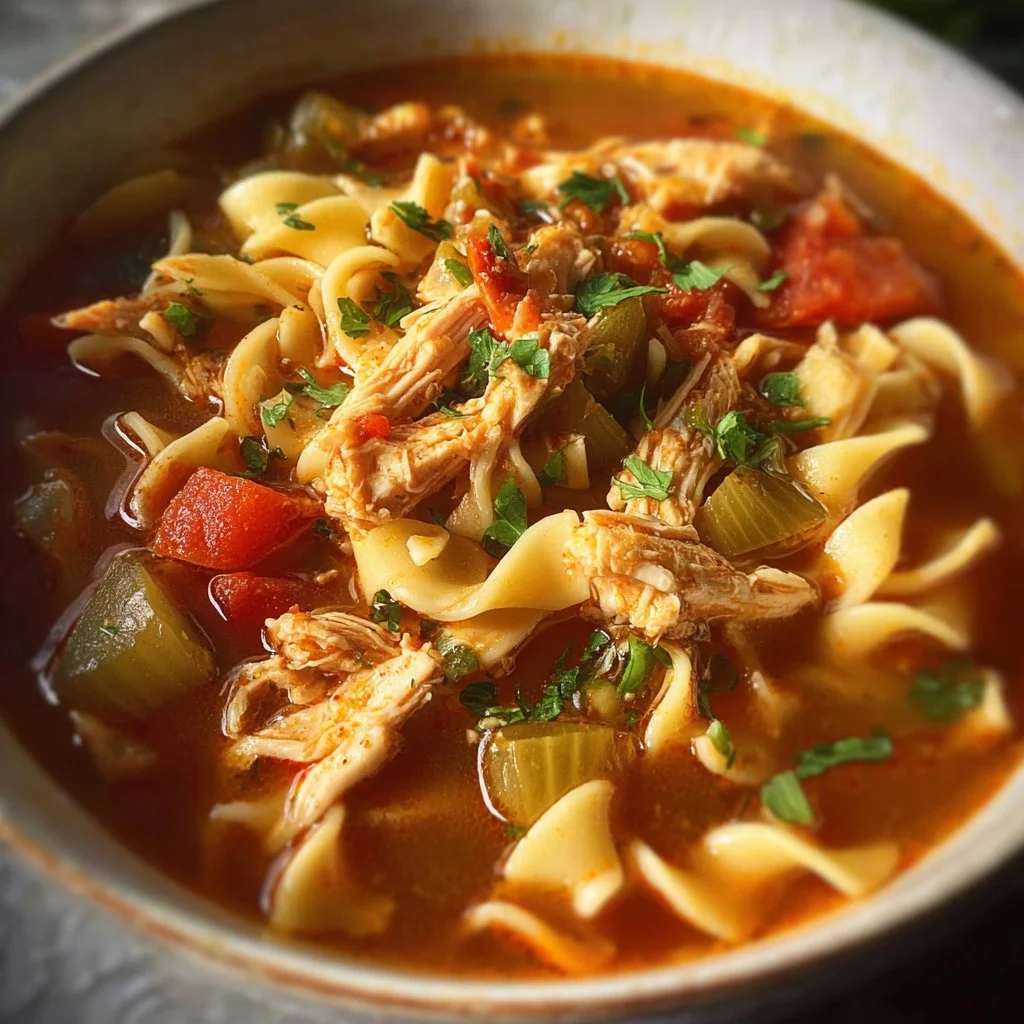 Bowl of spicy chicken noodle soup with fresh herbs and vegetables