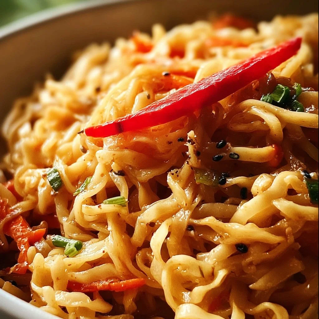 Plate of spicy miso chow mein noodles garnished with vegetables and sesame seeds.