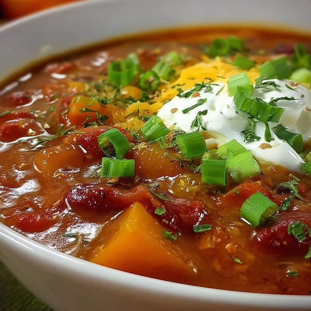 Bowl of spicy pumpkin chili garnished with herbs