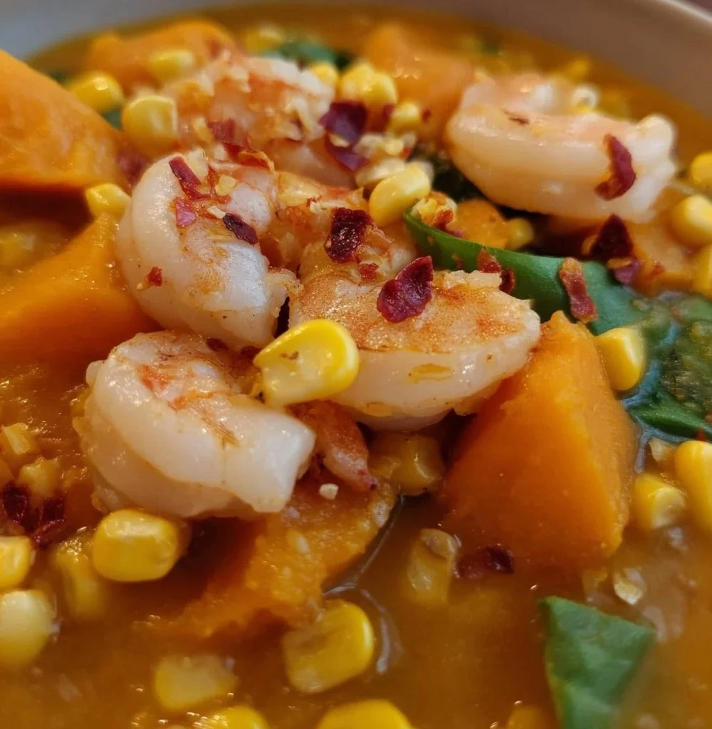 A bowl of spicy shrimp and sweet potato soup garnished with herbs