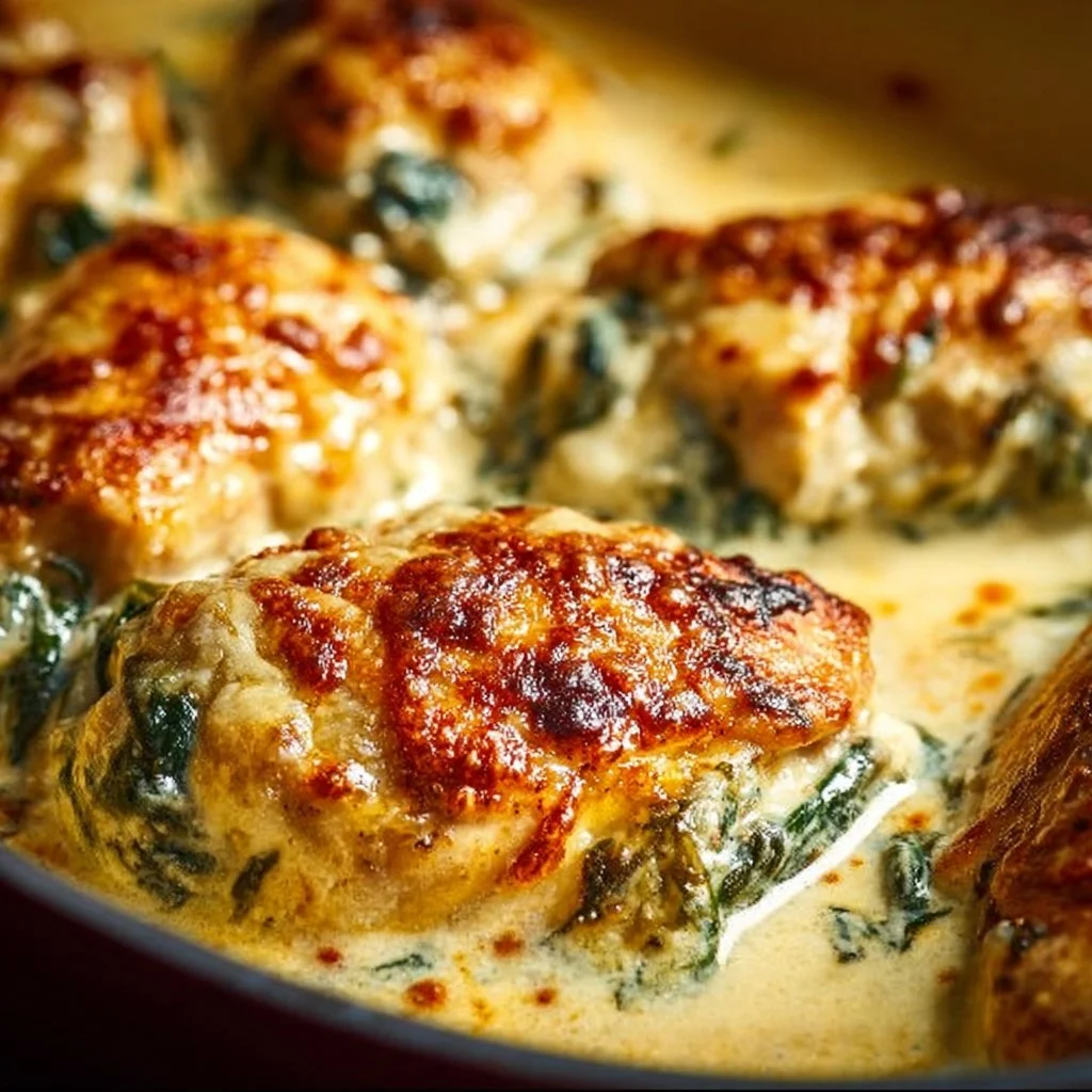 Delicious Spinach Artichoke Chicken Bake with melted cheese and herbs.