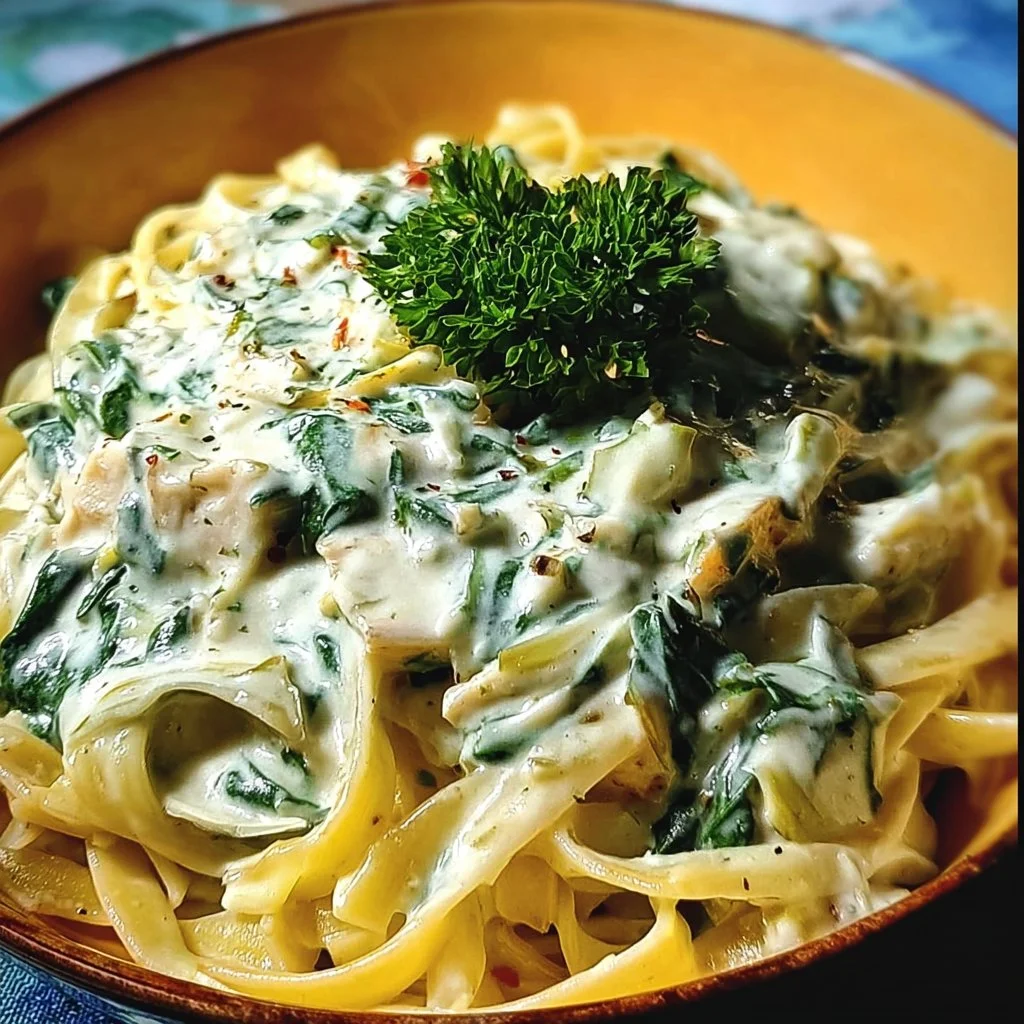 Delicious bowl of Spinach Artichoke Pasta with creamy sauce and fresh ingredients.