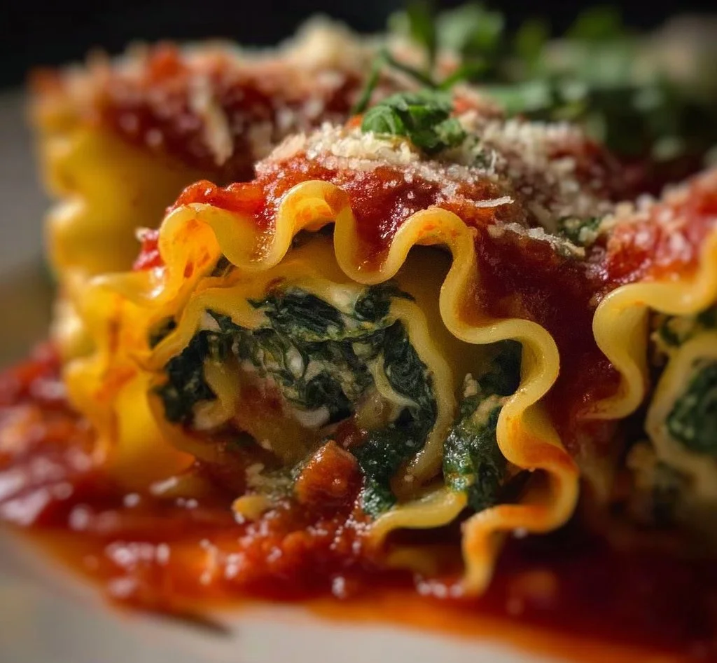 Flavorful Spinach Lasagna Roll Ups on a plate, garnished with herbs.