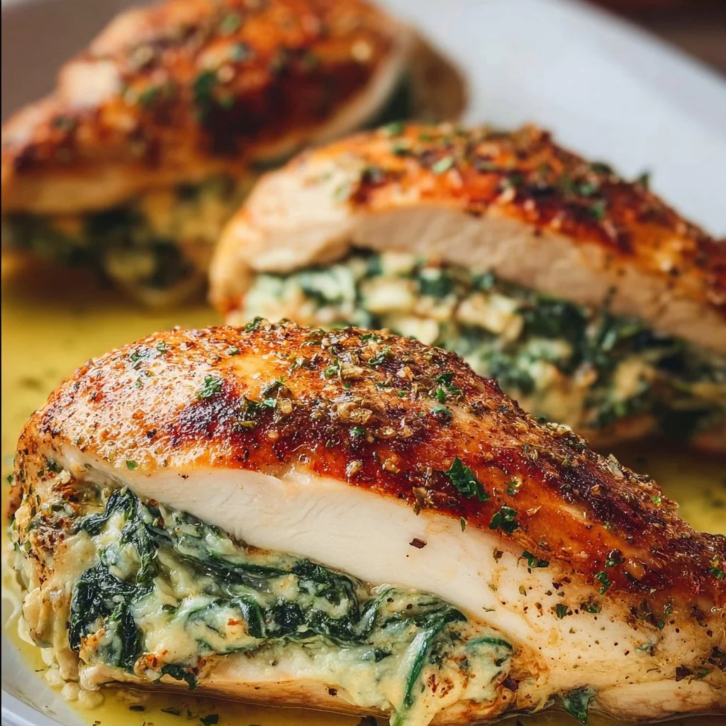 Delicious spinach stuffed chicken breasts ready to serve on a plate