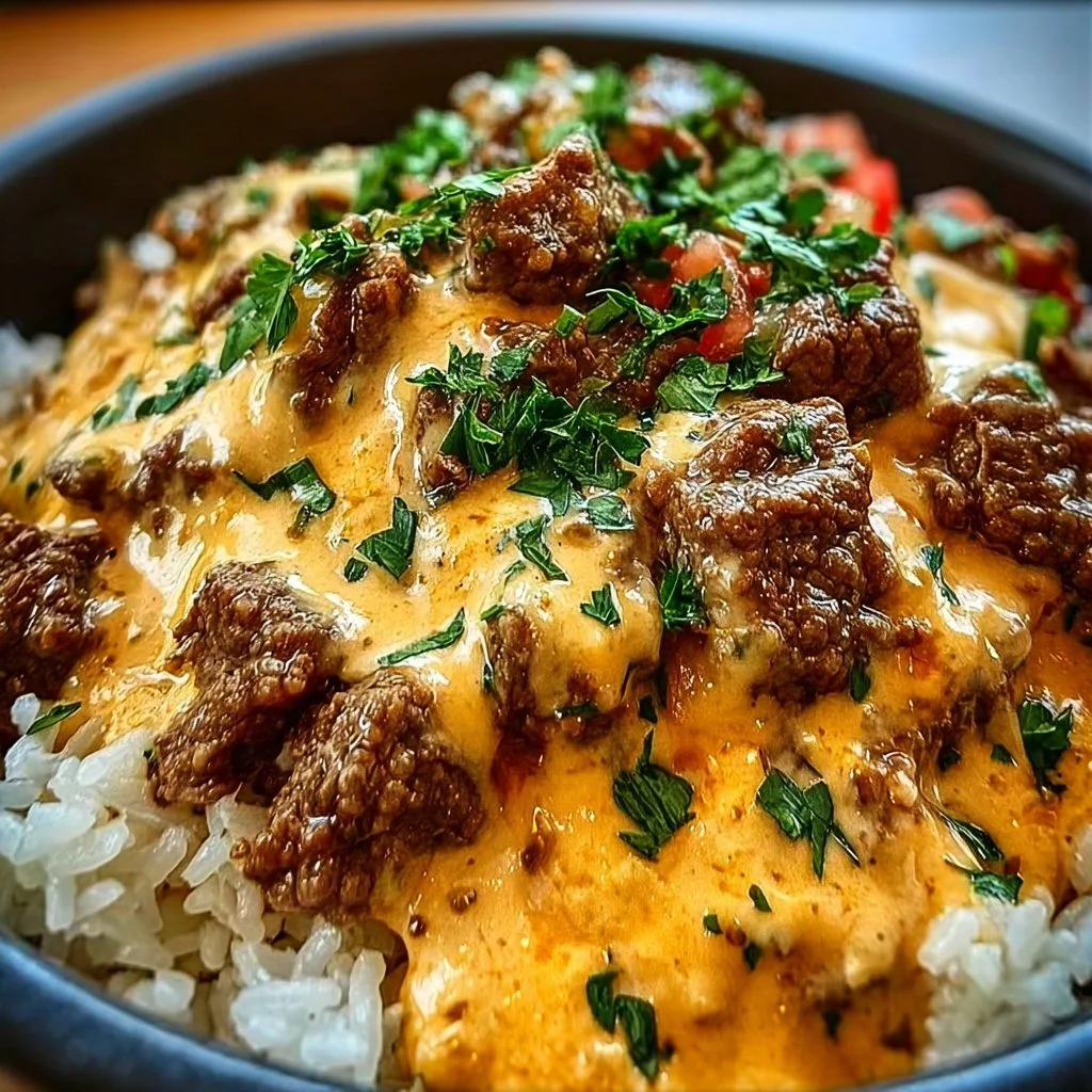 Delicious Steak Queso Rice topped with creamy queso and marinated steak