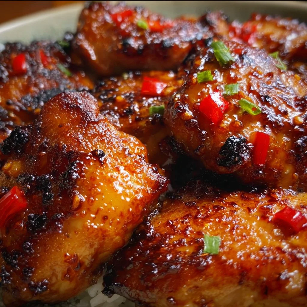 Sticky sweet chili chicken thighs in the air fryer, garnished with green onions.