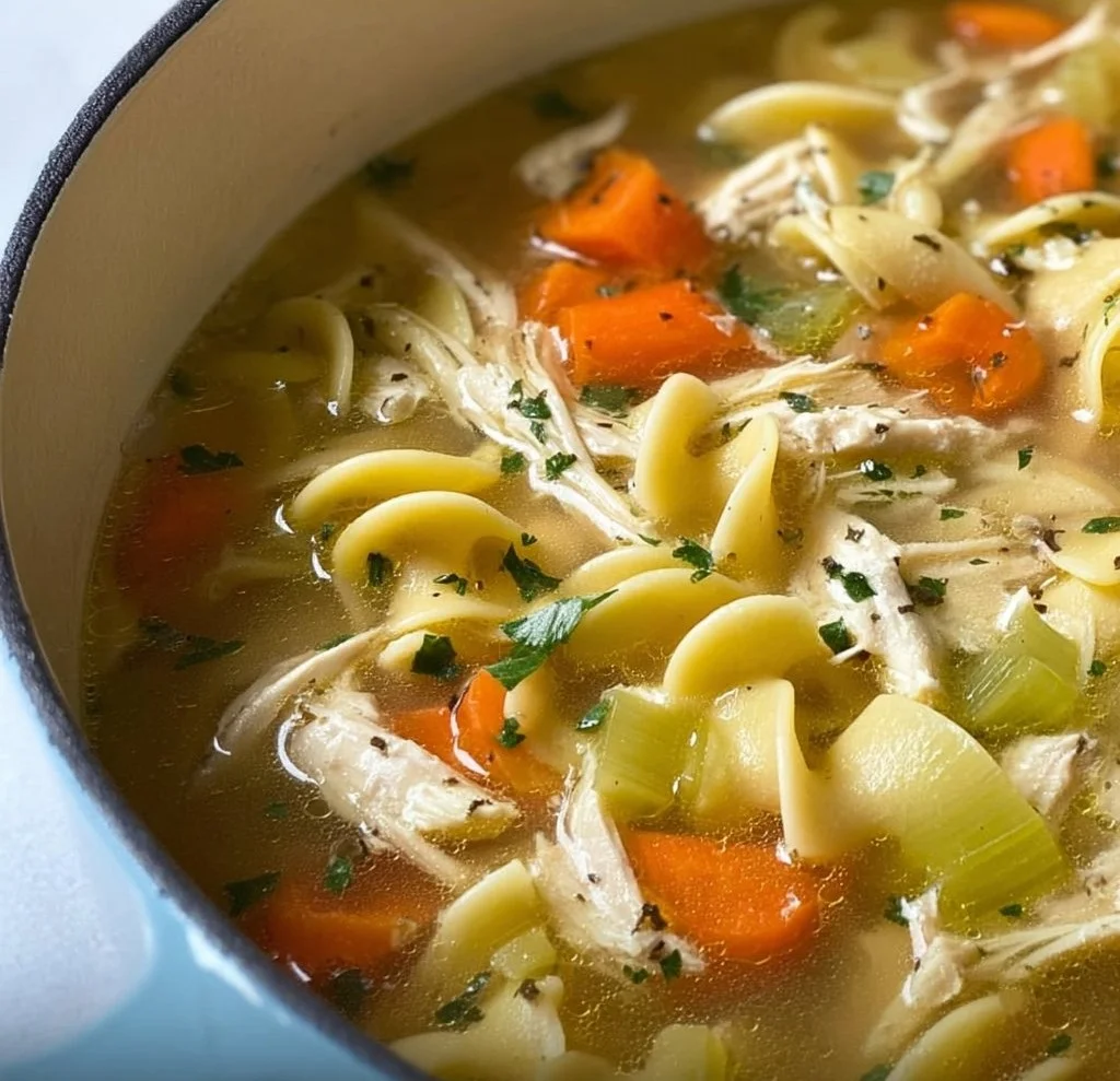 Delicious stovetop chicken noodle soup in a pot, filled with noodles, chicken, and vegetables.