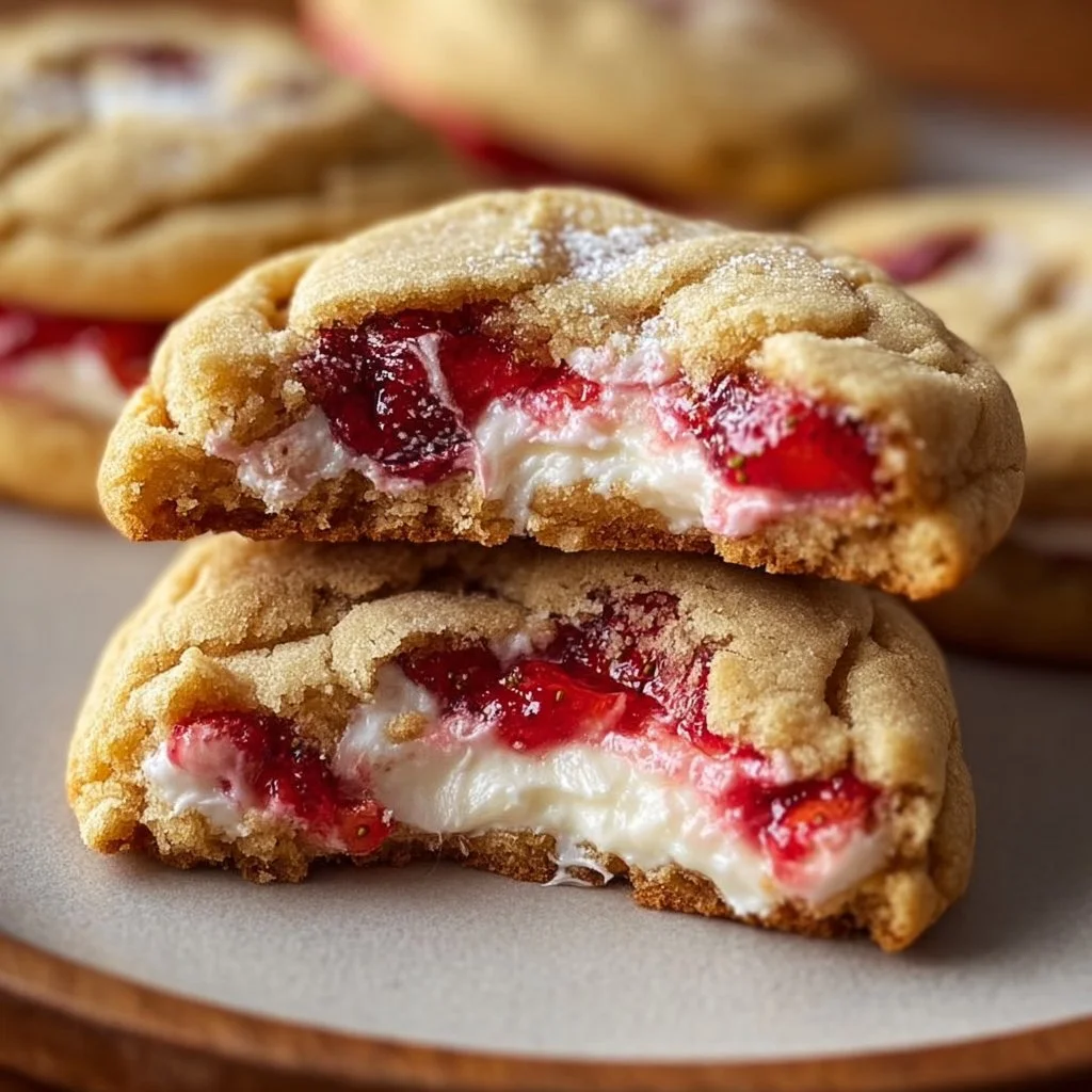 Delicious strawberry cheesecake stuffed cookies with fresh strawberries and creamy filling