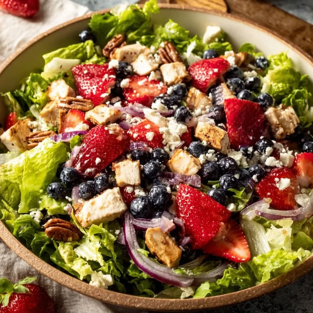 Strawberry Chicken Salad with Poppy Seed Dressing in a bowl