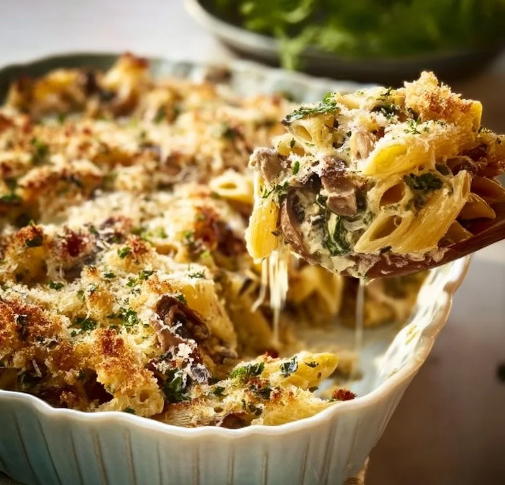 Baked stuffed mushroom pasta topped with cheese and herbs
