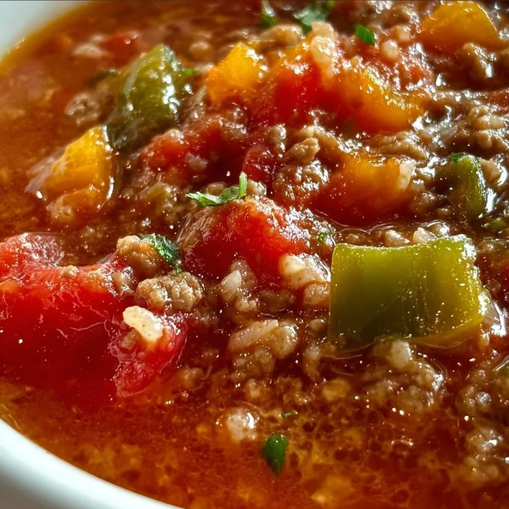 Bowl of delicious stuffed pepper soup with colorful bell peppers and spices.