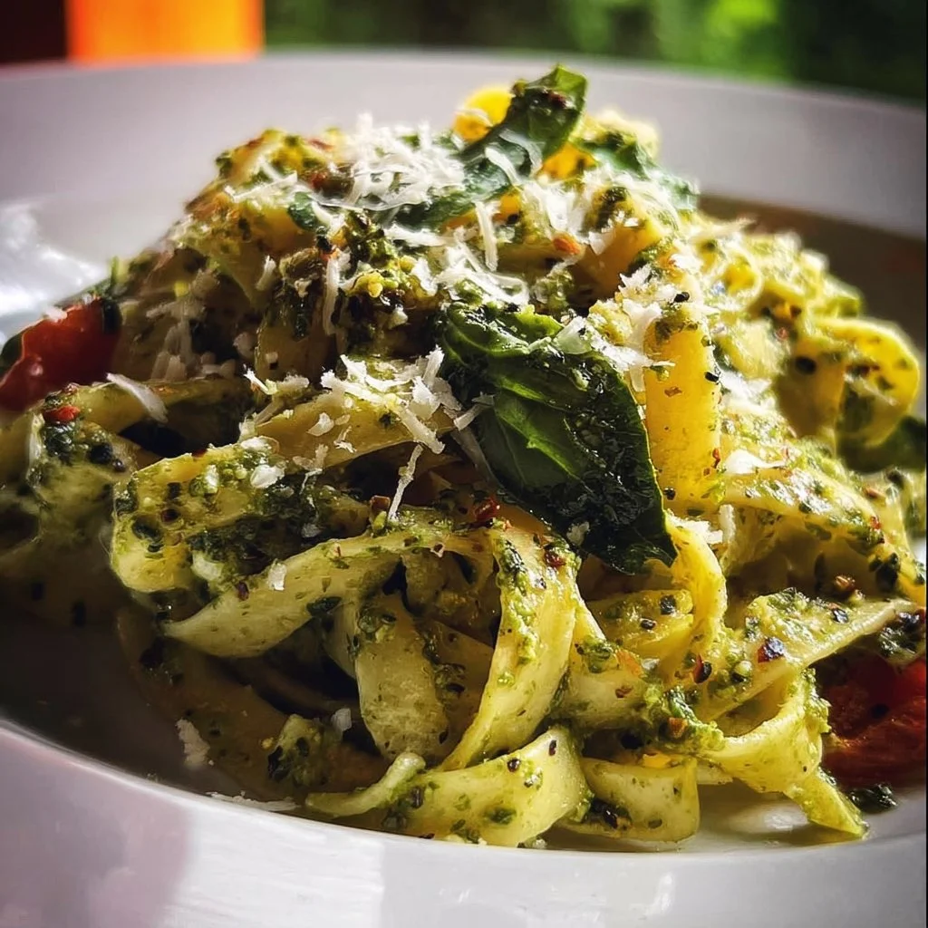 Sunflower-basil pesto tagliatelle dish served on a plate for two