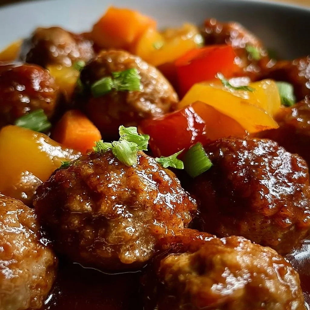Sweet and sour meatballs made in a crockpot with rich sauce.