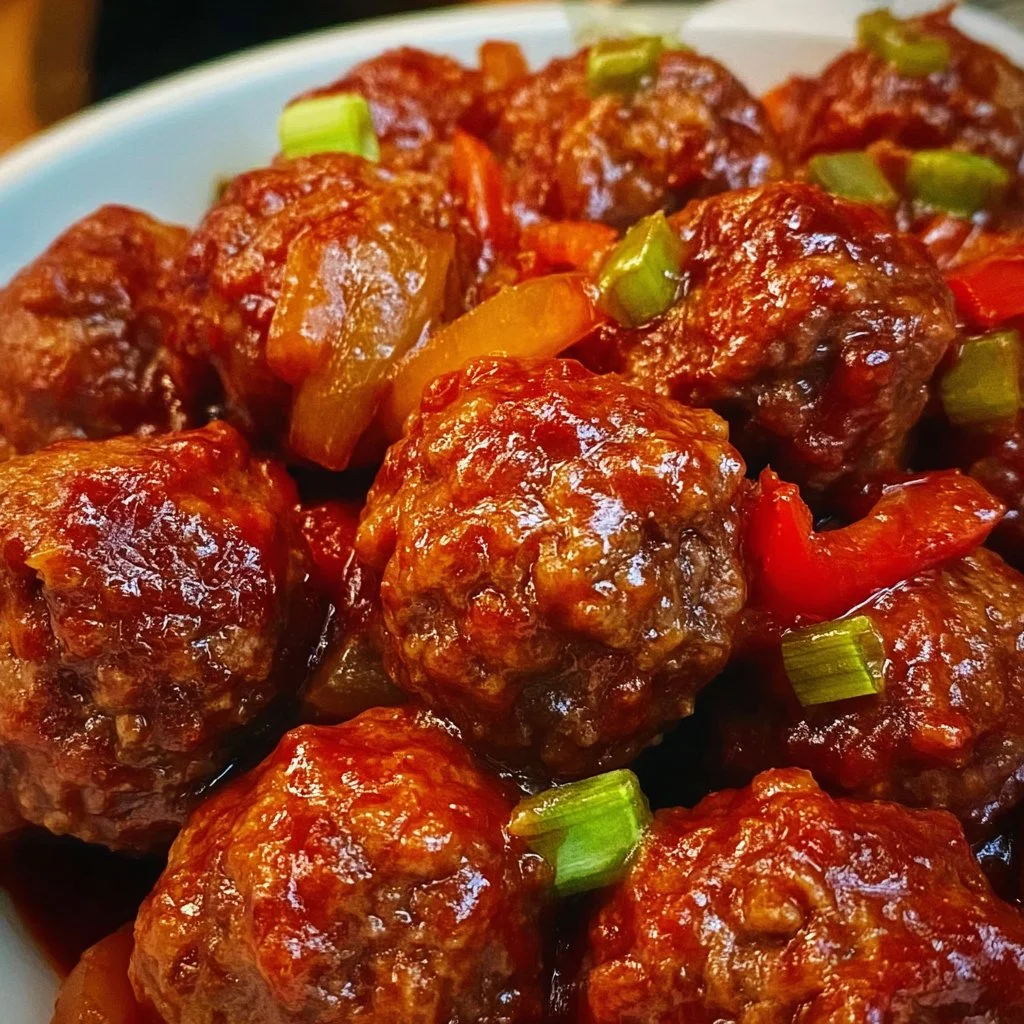 Plate of sweet and spicy slow cooker meatballs garnished with herbs