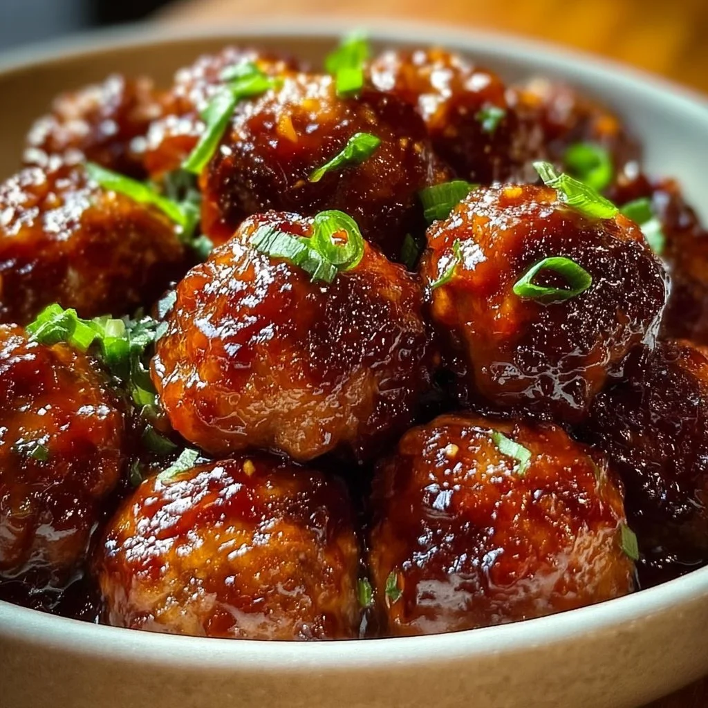 Plate of sweet chili meatballs garnished with sesame seeds and green onions