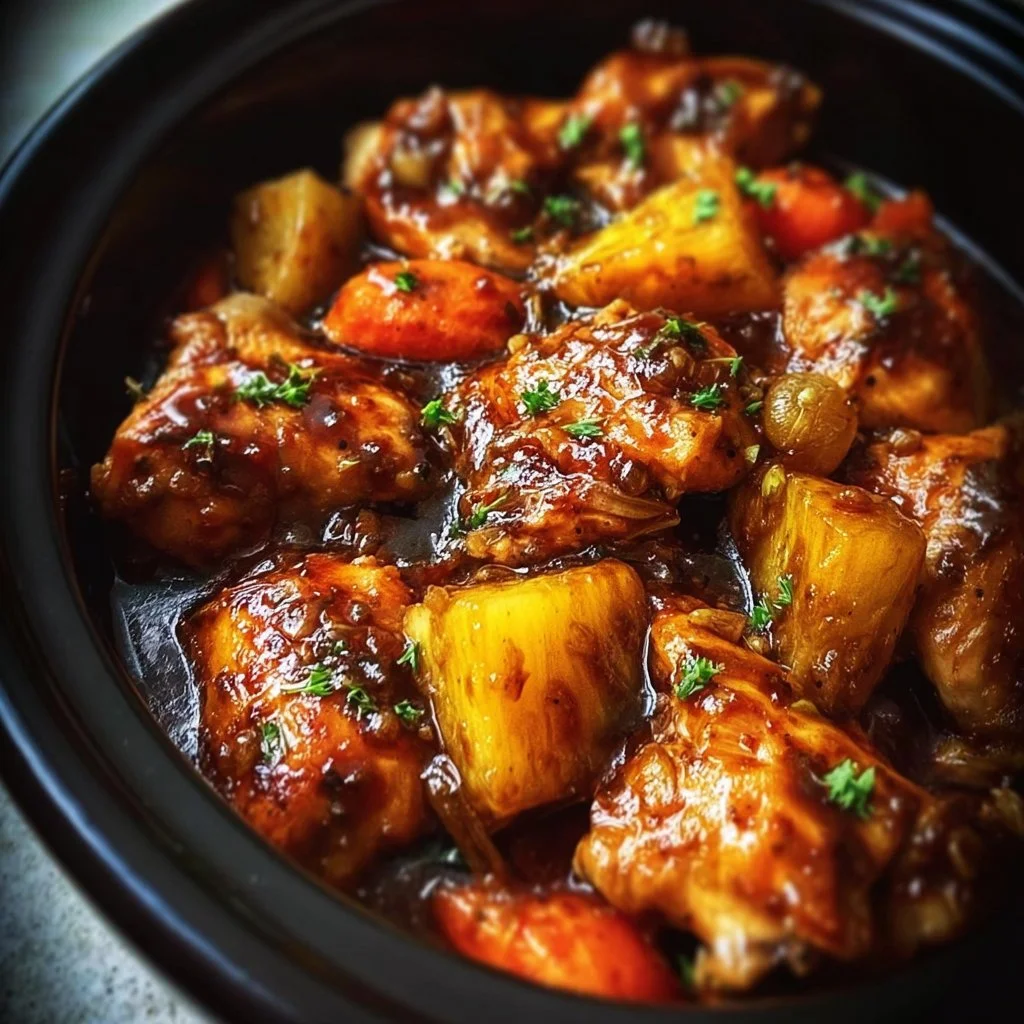 Sweet Hawaiian crockpot chicken served with pineapple and rice