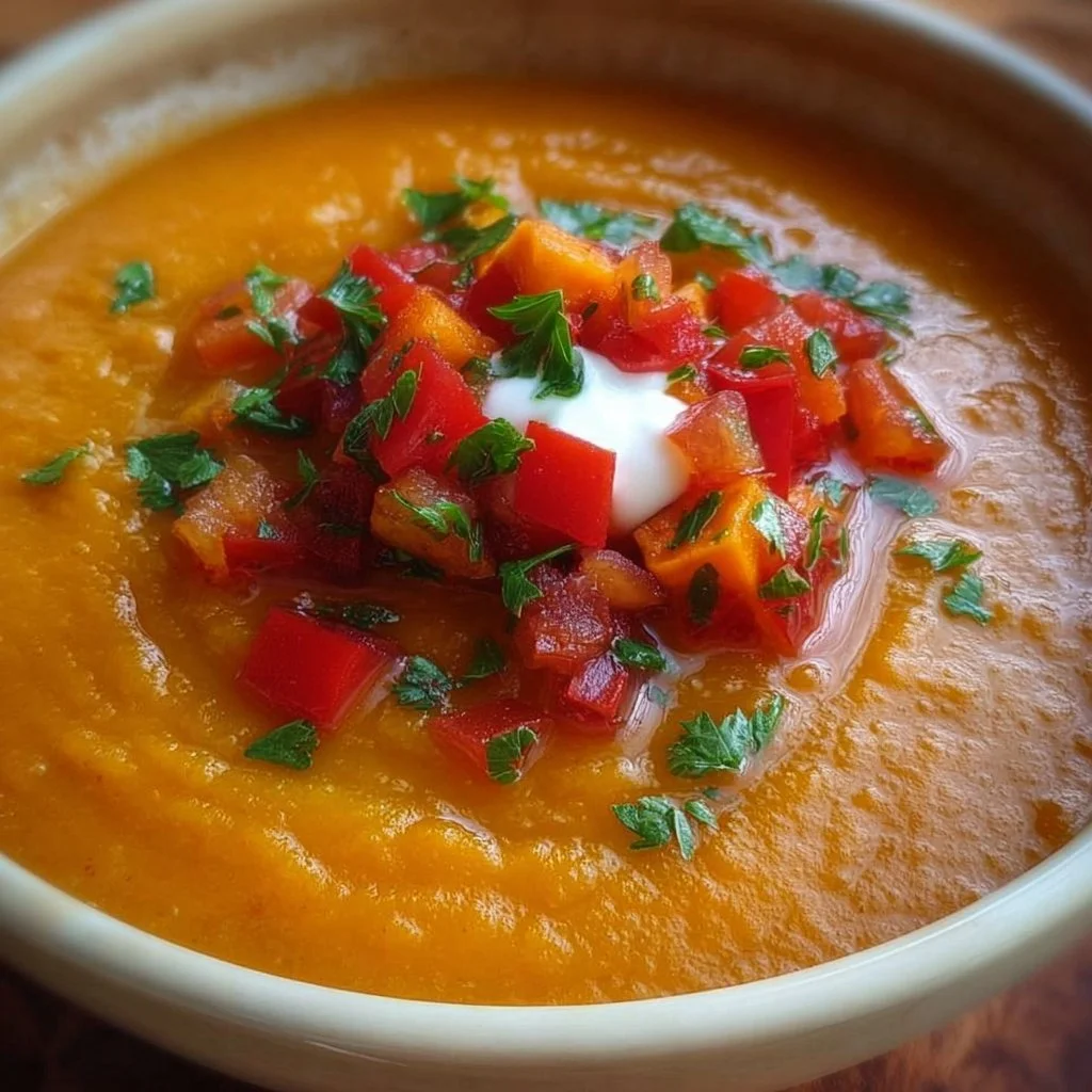 Bowl of Sweet Potato and Salsa Soup garnished with fresh herbs