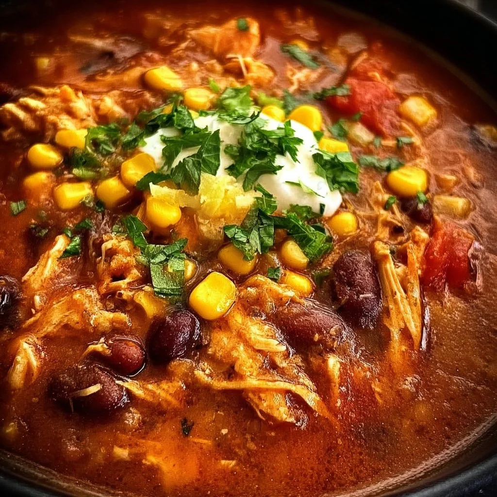 Bowl of hearty Taco Chicken Soup topped with cilantro and tortilla chips