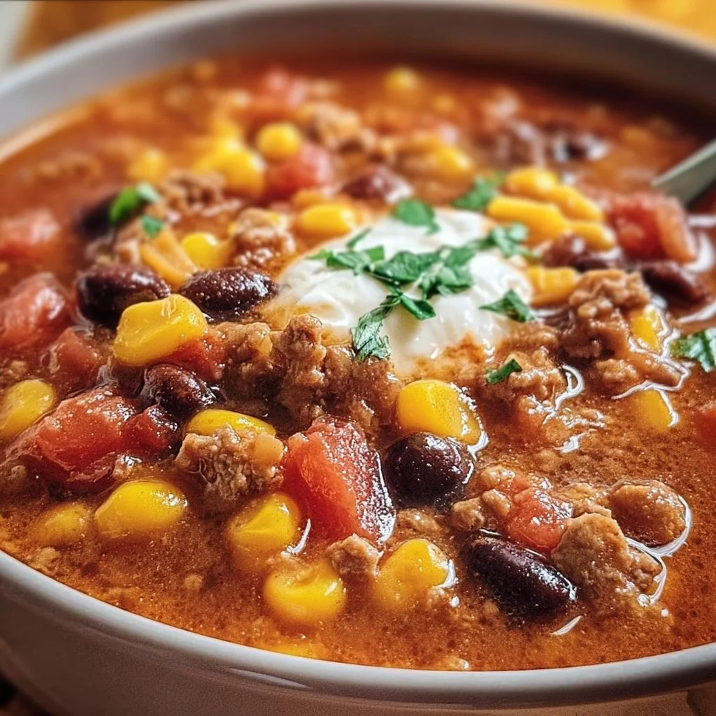 Bowl of taco soup with ranch packet, garnished with cheese and cilantro.