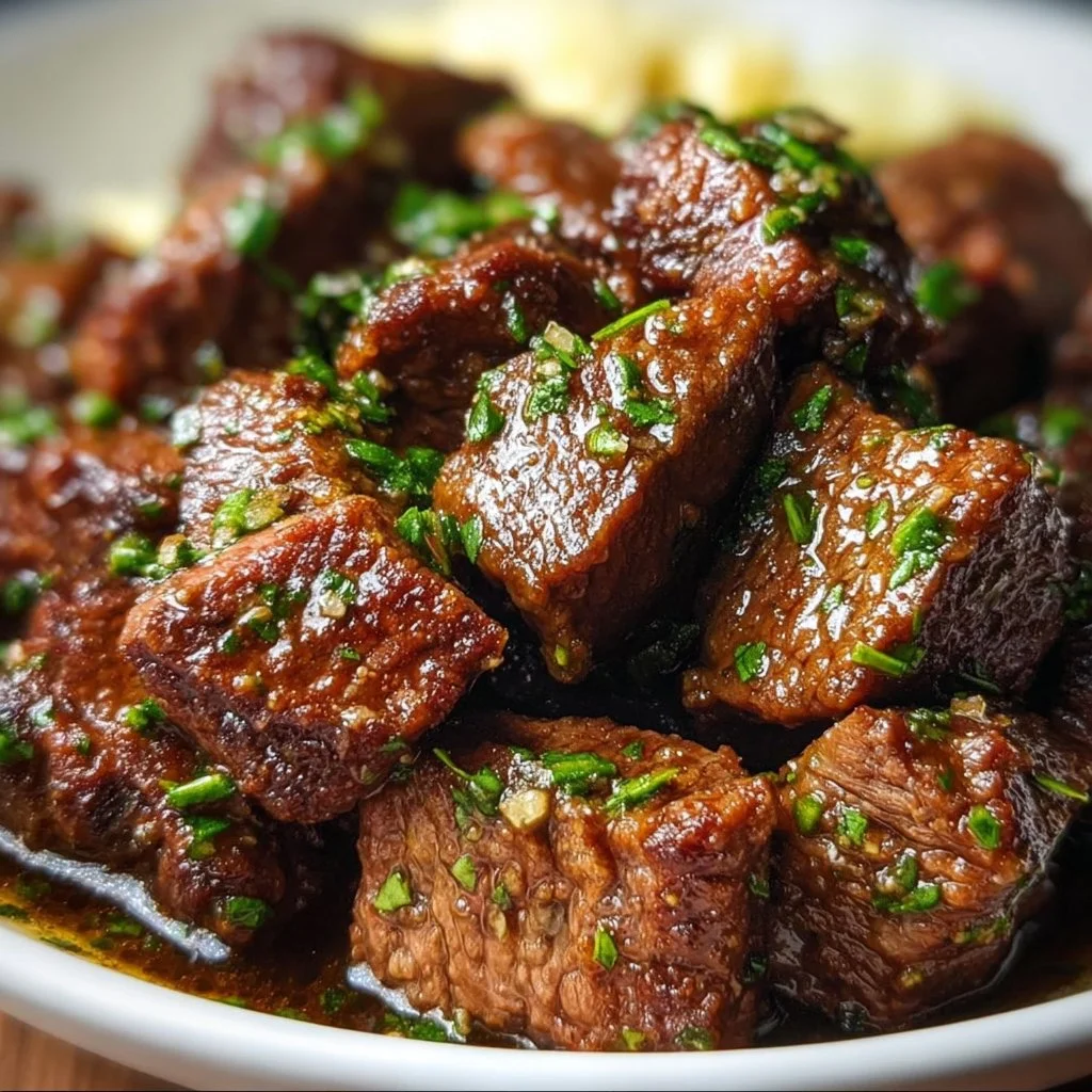 Tender crockpot steak bites with garlic butter served on a plate