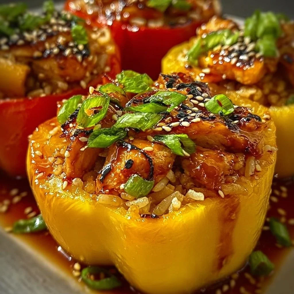 Teriyaki pineapple chicken and rice stuffed peppers on a plate