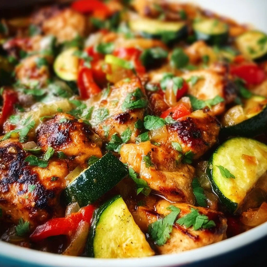 Delicious Tex Mex Chicken with Zucchini served with colorful toppings.