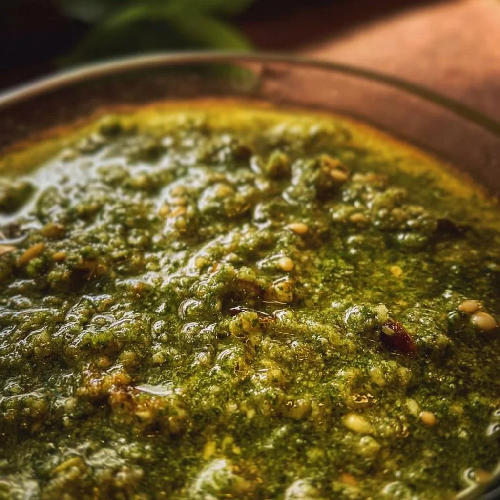 Bowl of fresh classic pesto made with basil, pine nuts, and olive oil