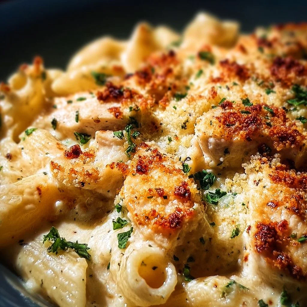 Crockpot garlic parmesan chicken pasta served in a bowl with fresh herbs.