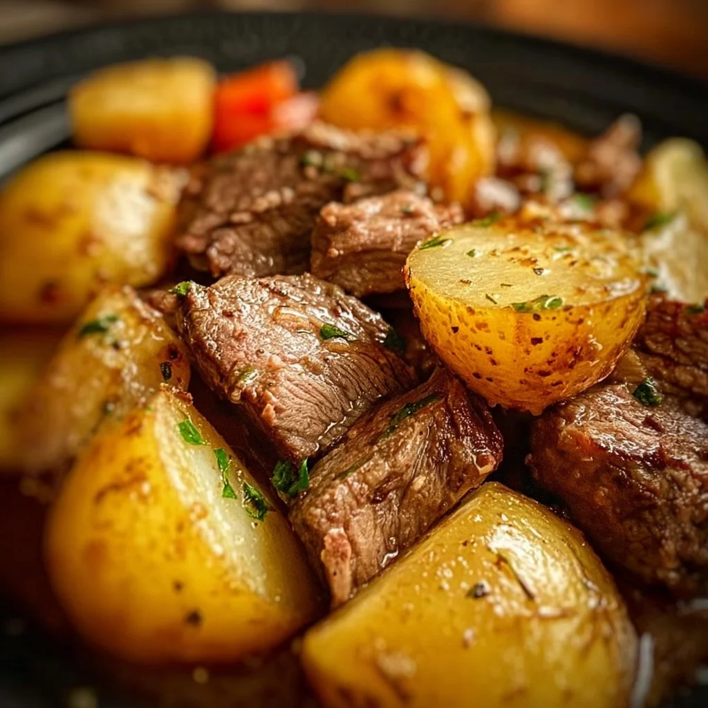 Delicious Crockpot steak with tender potatoes in a savory broth.