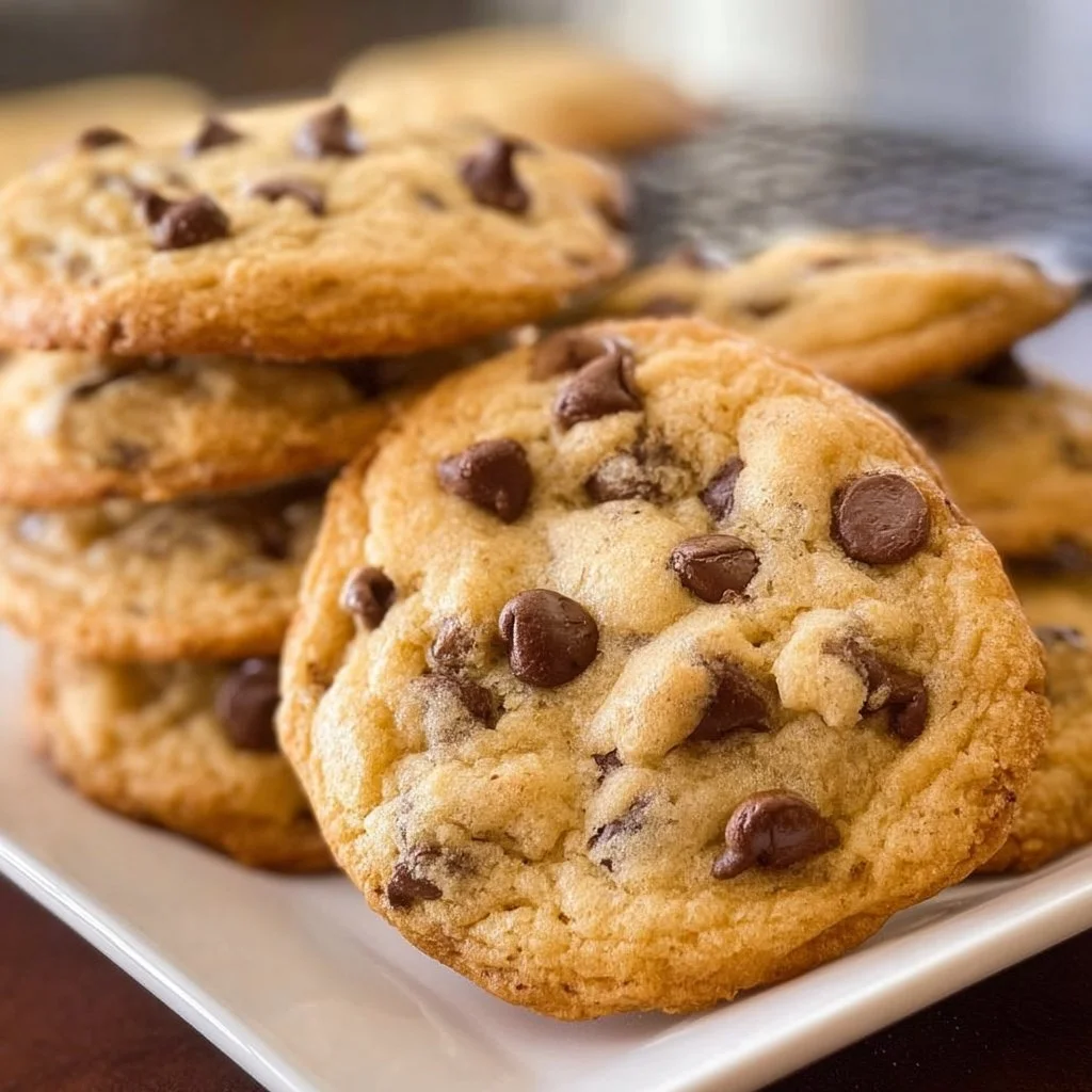 Delicious Toll House chocolate chip cookies stacked on a plate.