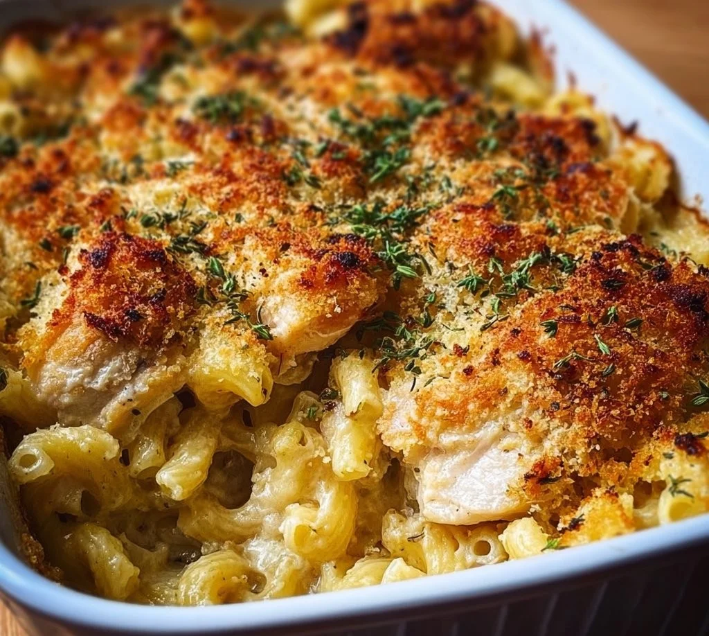 Delicious Chicken Kiev Pasta Bake served in a baking dish with fresh herbs