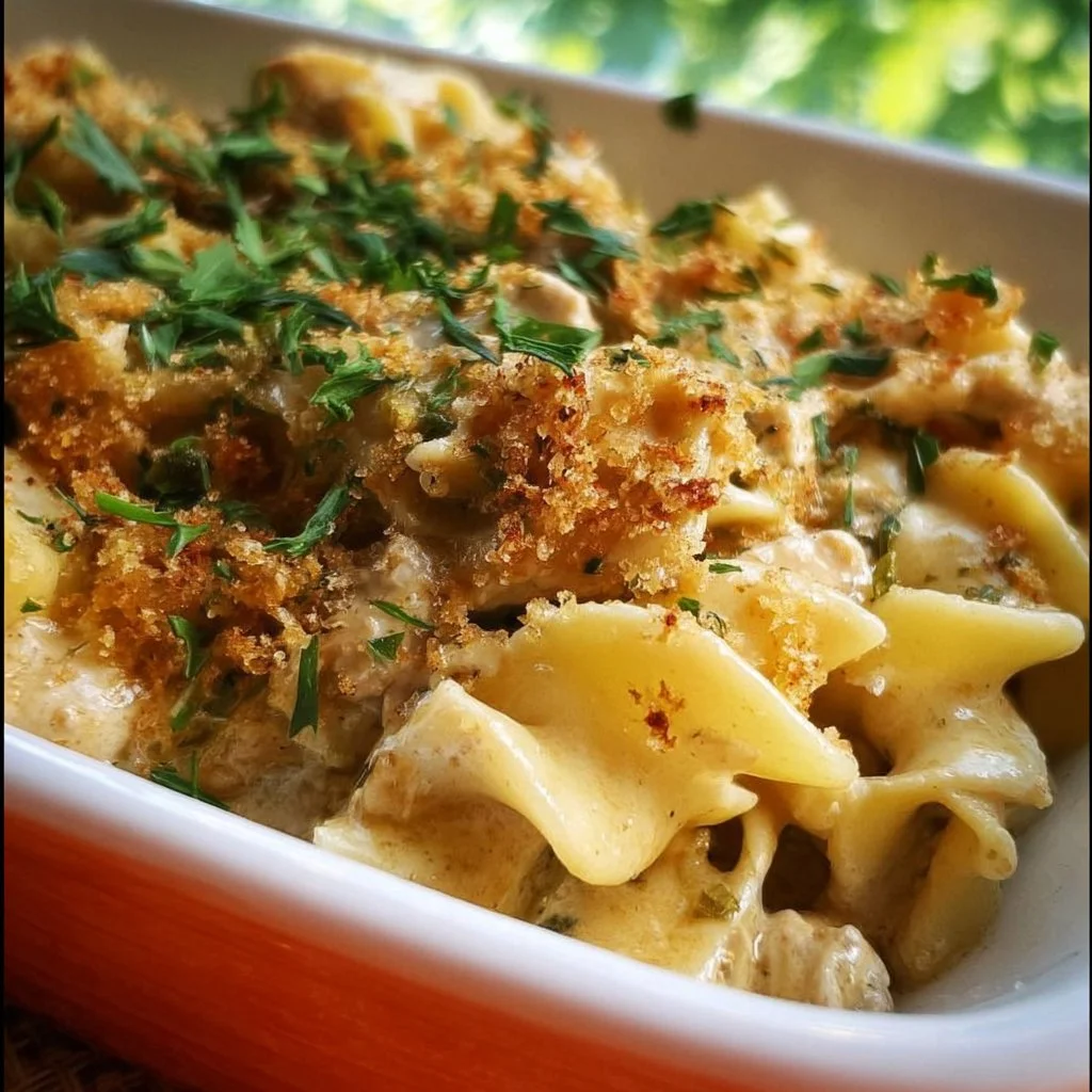 Creamy Tuna Stroganoff Casserole topped with herbs and served on a plate