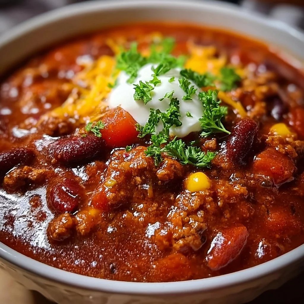 Delicious bowl of homemade Turkey Chili topped with fresh herbs.