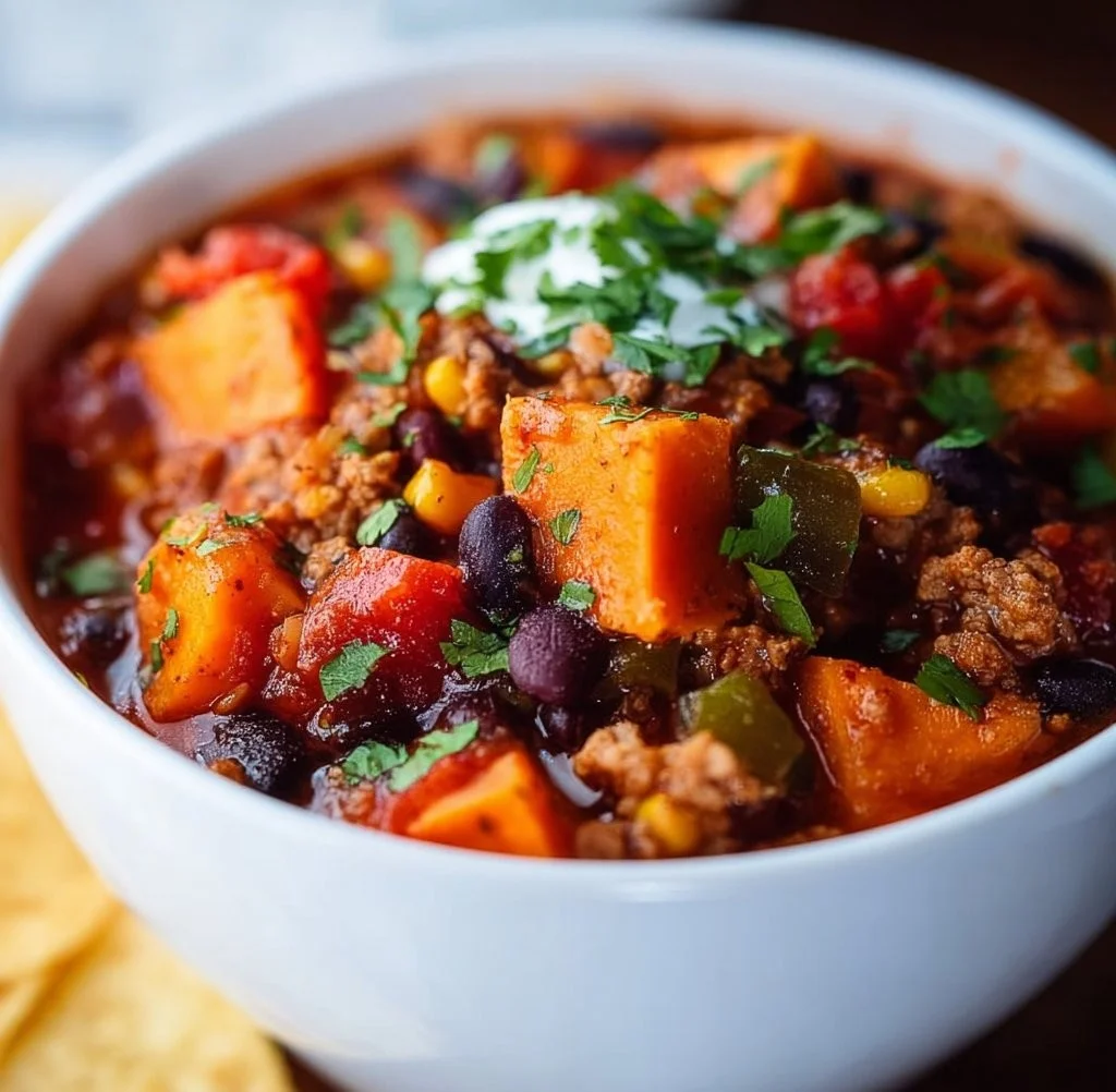 Bowl of Turkey Sweet Potato Chili garnished with cilantro and avocado