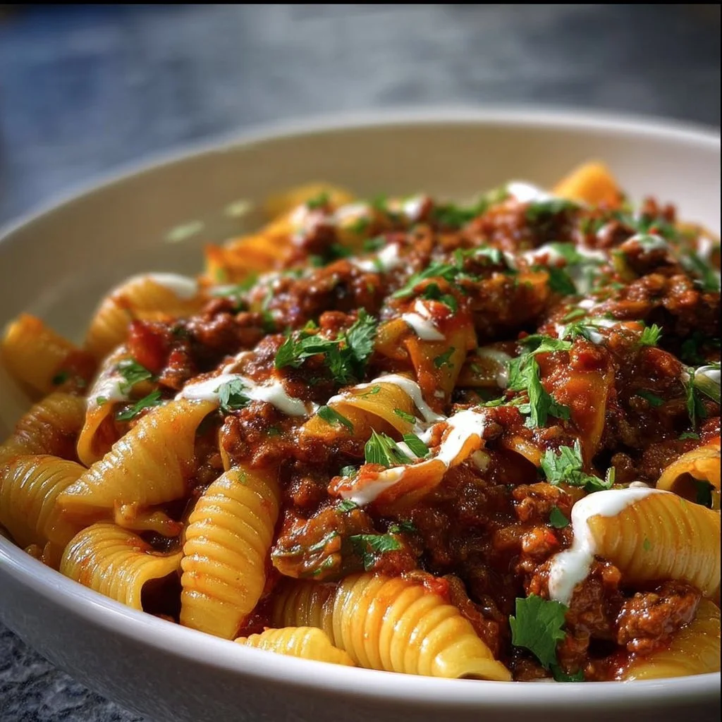Delicious bowl of Turkish Turkey Chili Pasta topped with fresh herbs